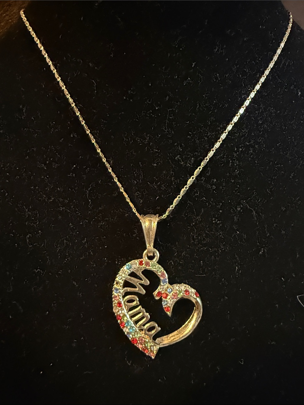 Mama Heart Pendant Necklace  Stainless Steel - Multicolor Stones on Gold Tone